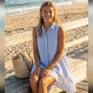 FOR CYNTHIA Blue White Striped Linen Blend Sleeveless High Low Sharkbite Tunic